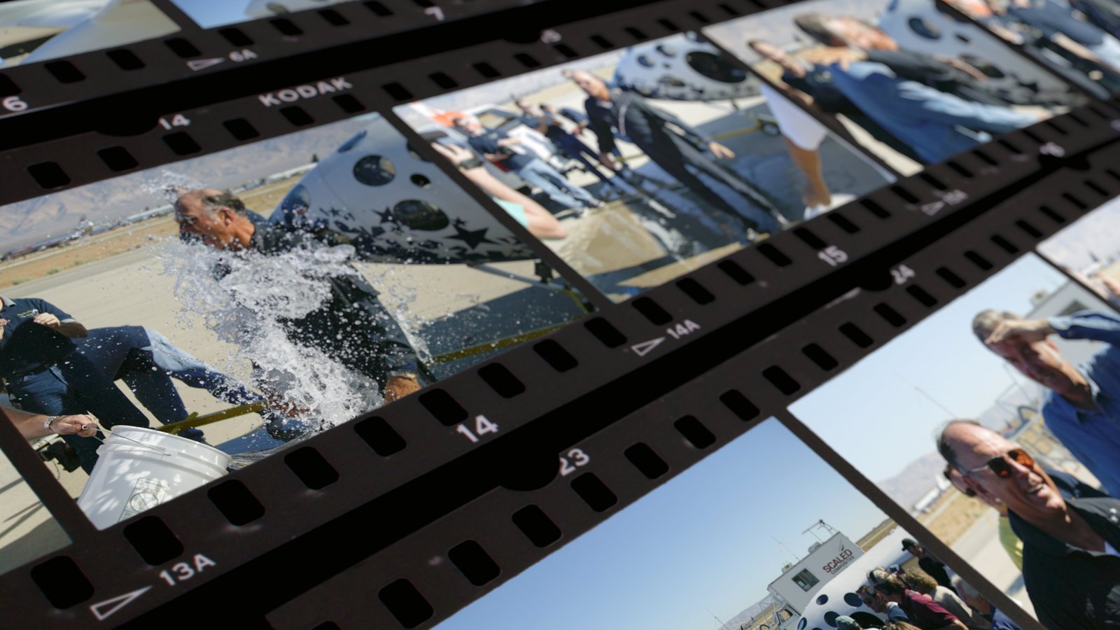 Beyond Blue Sky artwork: film strips of the SpaceShipOne team celebrating at Mojave